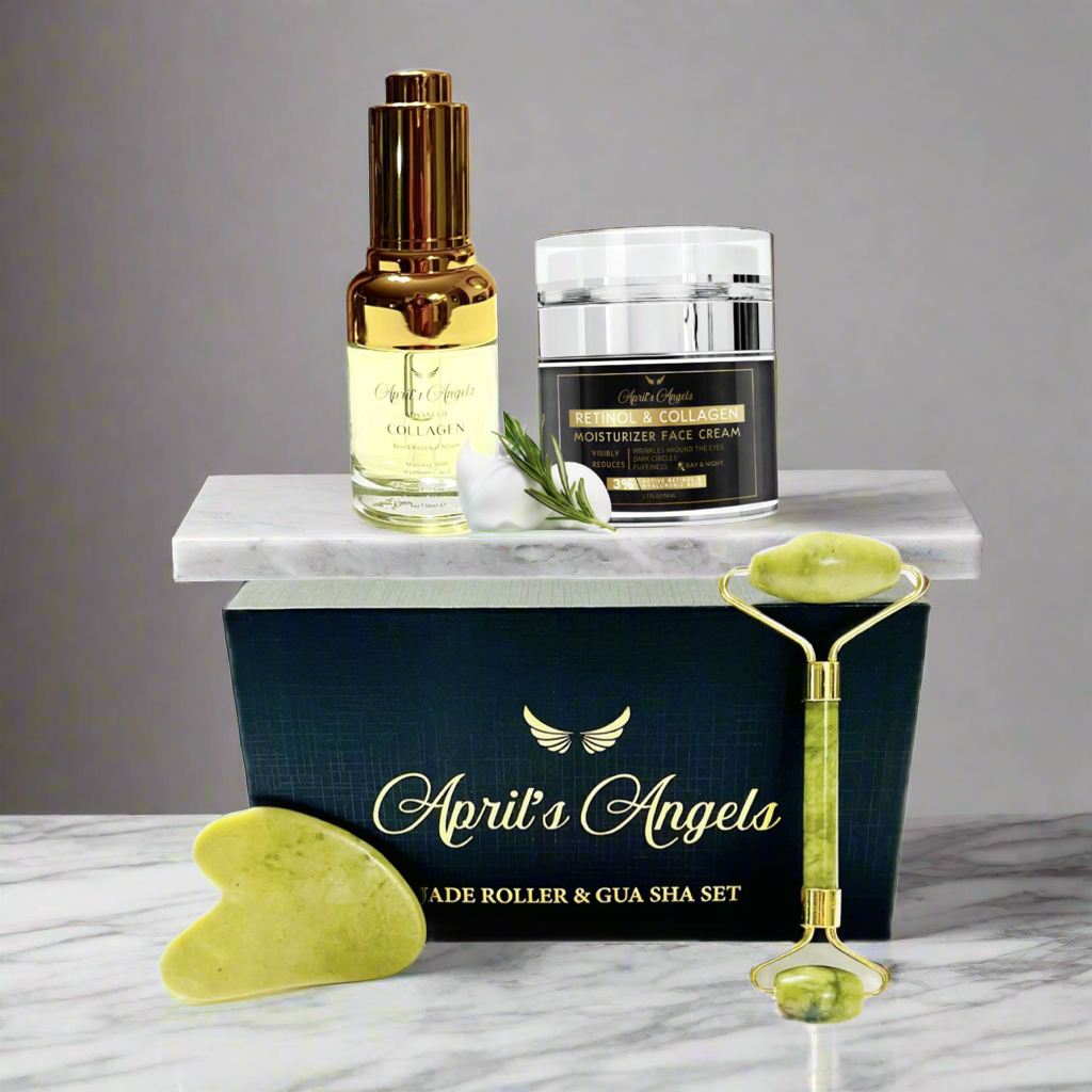 April's Angels Collagen Retinol face serum and moisturizer, with a green genuine jade roller and Gua Sha set, presented in a black and gold box.