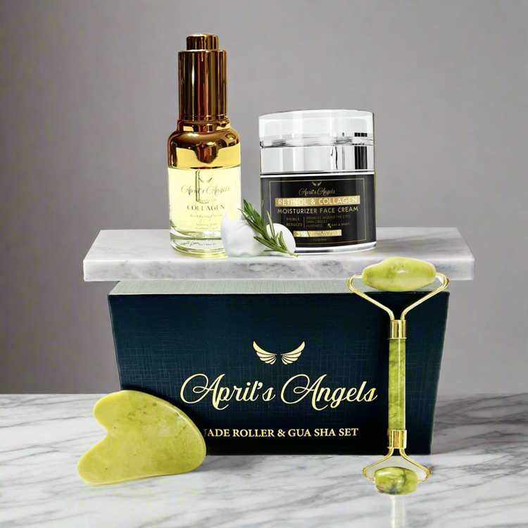 April's Angels Collagen Retinol face serum and moisturizer, with a green genuine jade roller and Gua Sha set, presented in a black and gold box.