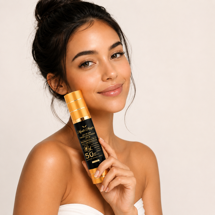 Young woman closed eyes with a pleasant gesture after enjoying April's Angels skincare routine