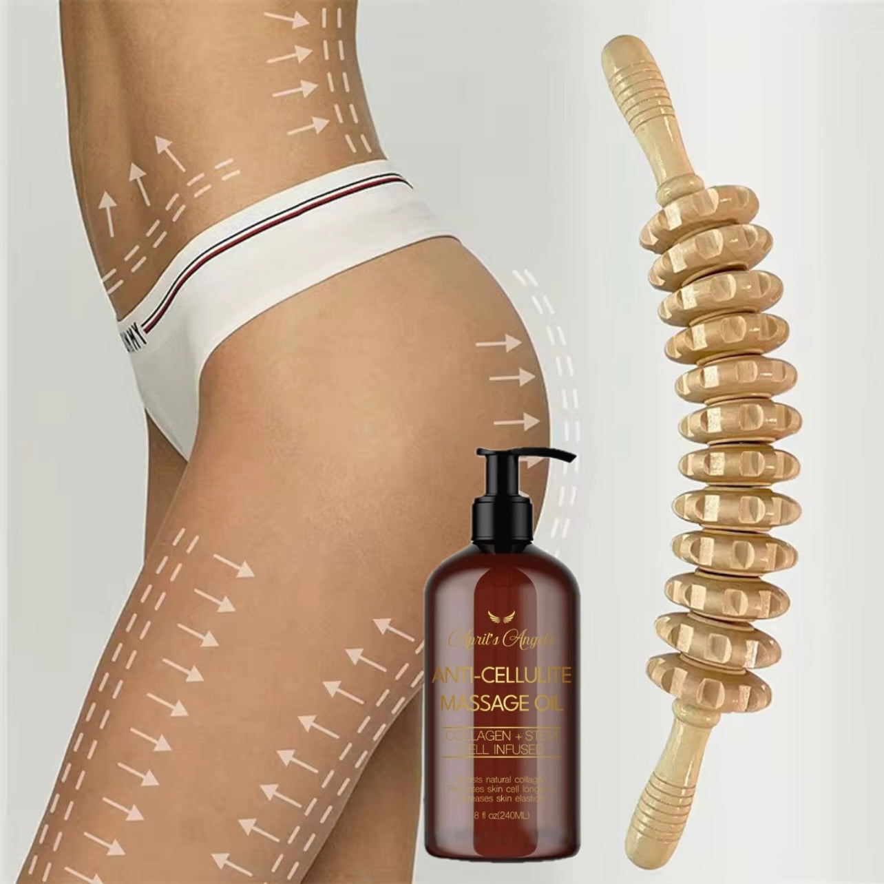 CURVED WOOD MASSAGE ROLLER & ANTI-CELLULLITE MASSAGE OIL BUNDLE