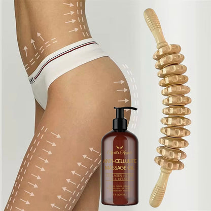 CURVED WOOD MASSAGE ROLLER & ANTI-CELLULLITE MASSAGE OIL BUNDLE