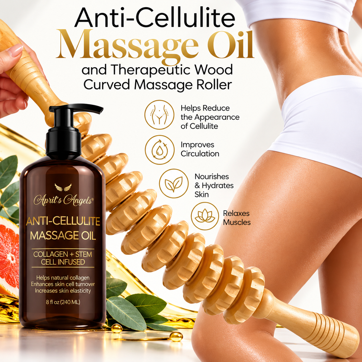 Body Massage Oil & Wood Roller Therapy Set