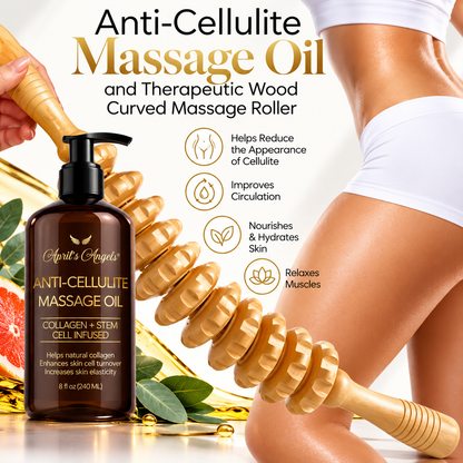 Body Massage Oil & Wood Roller Therapy Set